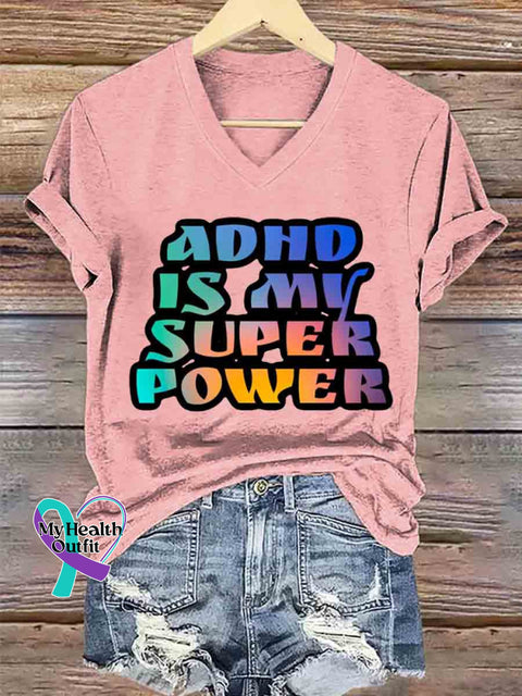 Women’s ADHD Is My Superpower Art V neck Casual T Shirt Pink / S