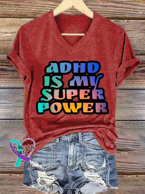 Women’s ADHD Is My Superpower Art V neck Casual T Shirt Red / S