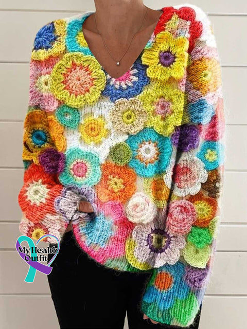 Women’s Aesthetics Spring Wildflowers Casual V-Neck Pullover Knit Multicolor / M