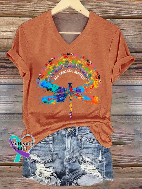 Women’s ALL CANCERS MATTER Dragonfly Ribbon V-neck Casual T-Shirt Orange / S
