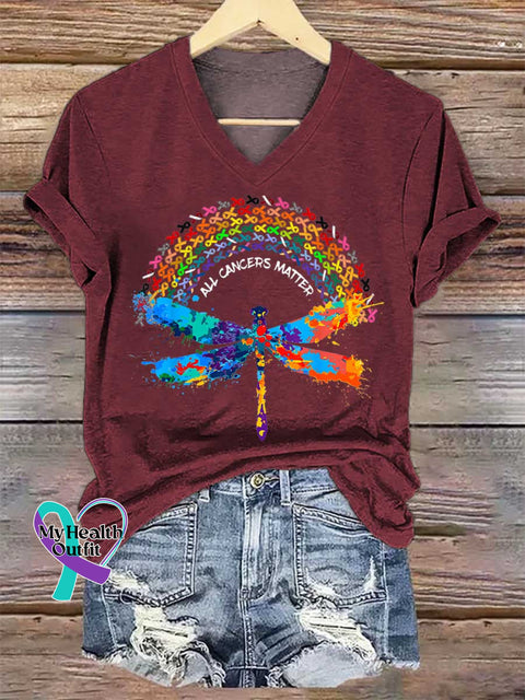 Women’s ALL CANCERS MATTER Dragonfly Ribbon V-neck Casual T-Shirt Red / S