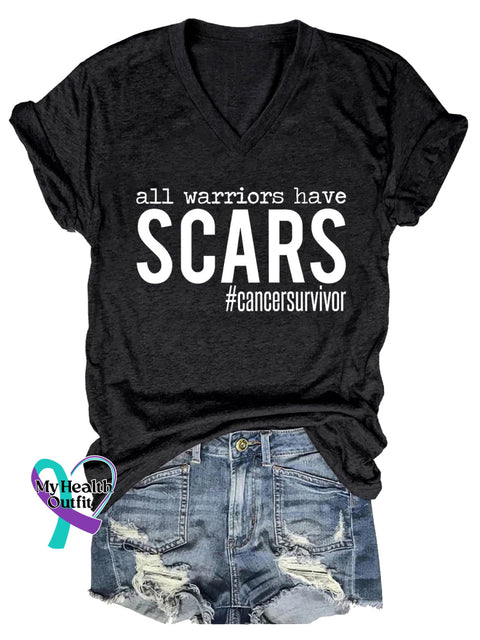 Women’s All Warriors Have SCARS Cancer Survivor V-neck Casual T-Shirt Black / S