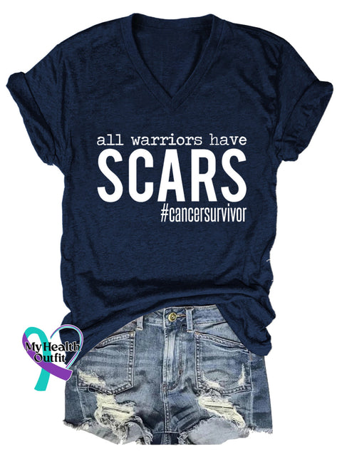 Women’s All Warriors Have SCARS Cancer Survivor V-neck Casual T-Shirt Blue / S