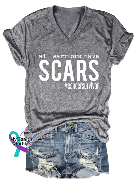 Women’s All Warriors Have SCARS Cancer Survivor V-neck Casual T-Shirt Grey / S