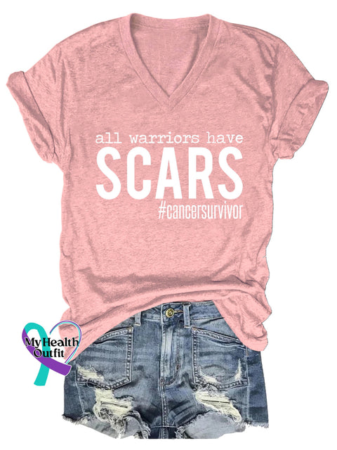 Women’s All Warriors Have SCARS Cancer Survivor V-neck Casual T-Shirt LightPink / S