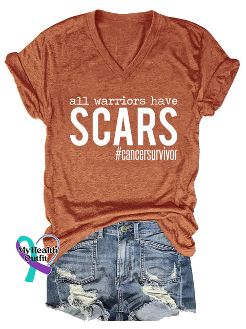 Women’s All Warriors Have SCARS Cancer Survivor V-neck Casual T-Shirt Orange / S