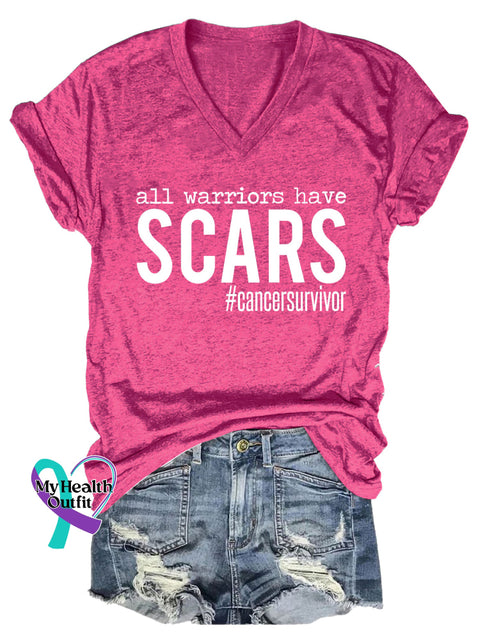 Women’s All Warriors Have SCARS Cancer Survivor V-neck Casual T-Shirt Pink / S