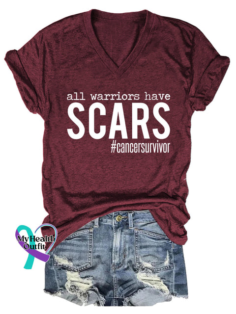 Women’s All Warriors Have SCARS Cancer Survivor V-neck Casual T-Shirt Red / S