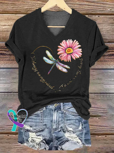 Women’s Always On My Mind Dragonfly Heart V-neck Casual T-Shirt Black / S