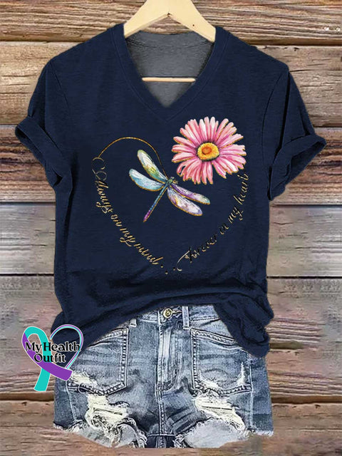 Women’s Always On My Mind Dragonfly Heart V-neck Casual T-Shirt Blue / S