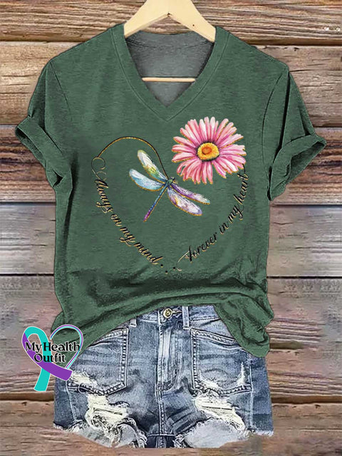 Women’s Always On My Mind Dragonfly Heart V-neck Casual T-Shirt Green / S