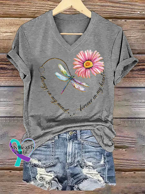 Women’s Always On My Mind Dragonfly Heart V-neck Casual T-Shirt Grey / S