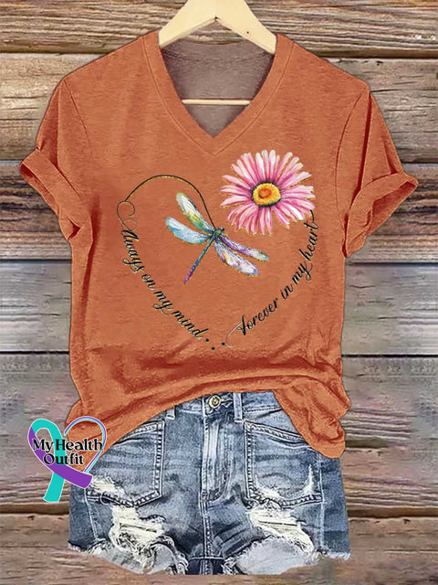 Women’s Always On My Mind Dragonfly Heart V-neck Casual T-Shirt Orange / S