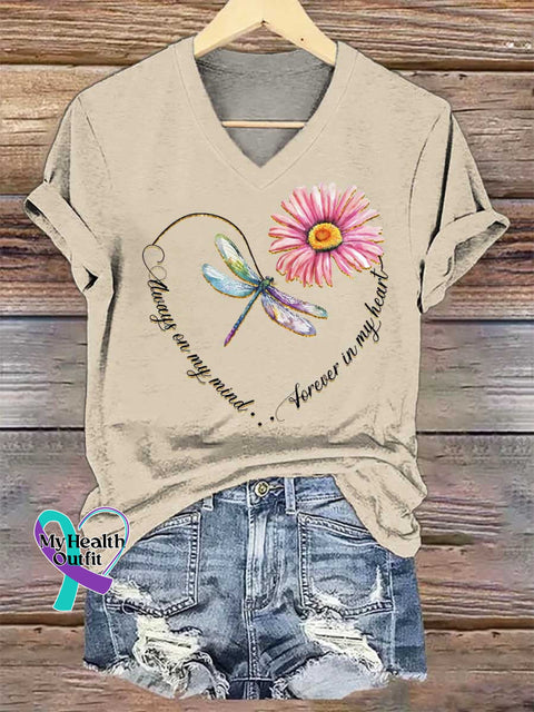Women’s Always On My Mind Dragonfly Heart V-neck Casual T-Shirt Sand / S