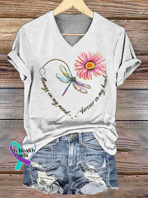 Women’s Always On My Mind Dragonfly Heart V-neck Casual T-Shirt White / S