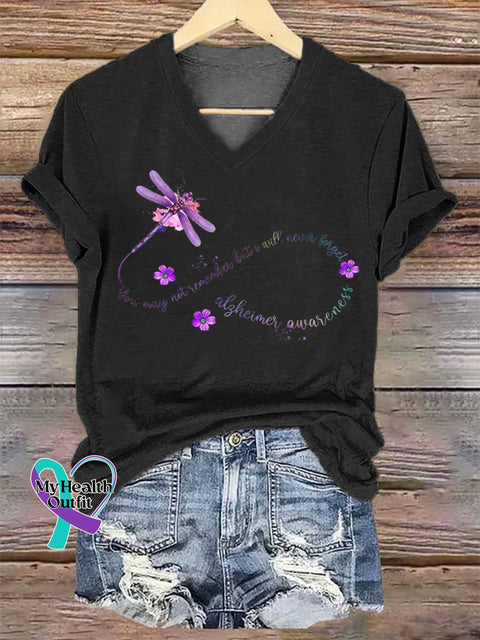 Women’s Alzheimer Awareness Dragonfly Remember V-neck Casual T-Shirt Black / S