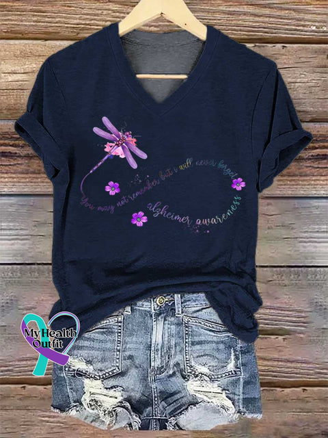Women’s Alzheimer Awareness Dragonfly Remember V-neck Casual T-Shirt Blue / S