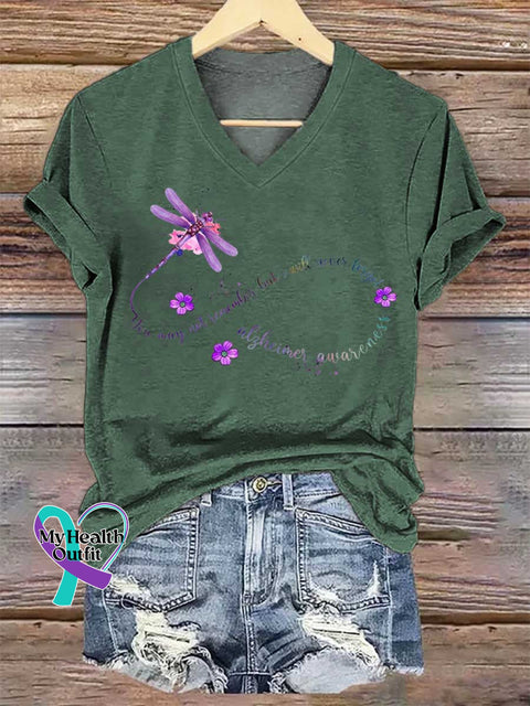 Women’s Alzheimer Awareness Dragonfly Remember V-neck Casual T-Shirt Green / S