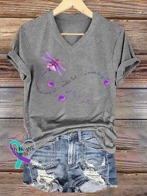 Women’s Alzheimer Awareness Dragonfly Remember V-neck Casual T-Shirt Grey / S