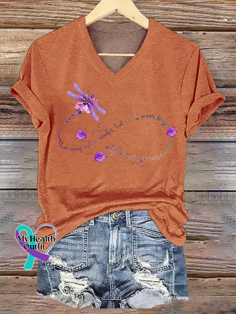 Women’s Alzheimer Awareness Dragonfly Remember V-neck Casual T-Shirt Orange / S