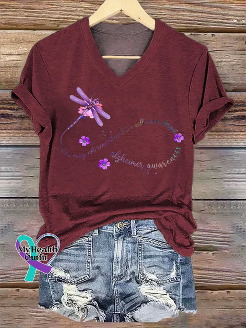 Women’s Alzheimer Awareness Dragonfly Remember V-neck Casual T-Shirt Red / S