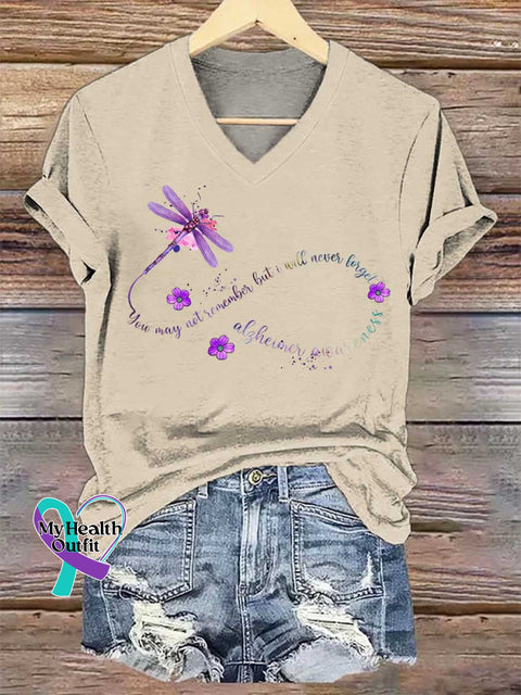 Women’s Alzheimer Awareness Dragonfly Remember V-neck Casual T-Shirt Sand / S