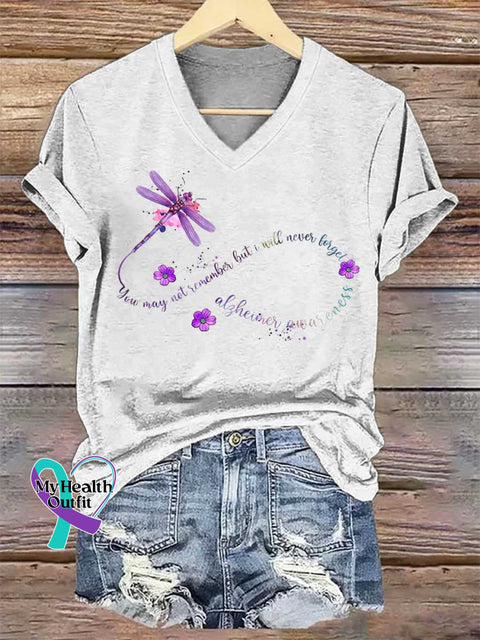 Women’s Alzheimer Awareness Dragonfly Remember V-neck Casual T-Shirt White / S