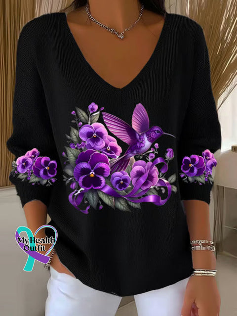 Women’s Alzheimer Awareness Floral Plaid Casual Pullover Sweater Black / S