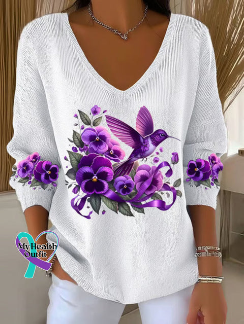 Women’s Alzheimer Awareness Floral Plaid Casual Pullover Sweater White / S