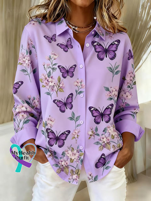 Women’s Alzheimer’s Awareness Butterflies Print Casual Cotton Shirt Purple / S