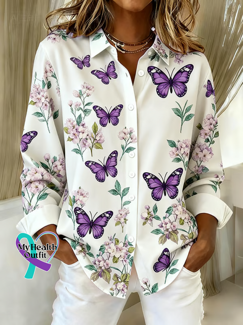 Women’s Alzheimer’s Awareness Butterflies Print Casual Cotton Shirt White / S