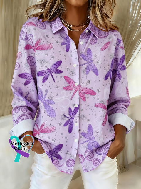 Women’s Alzheimer’s Awareness Dragonfly Print Casual Cotton Shirt Multicolor / S