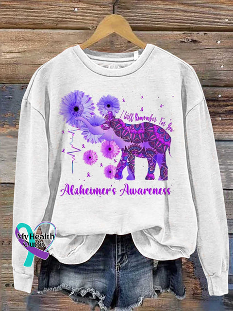 Women’s Alzheimer’s Awareness Ethnic Elephant Print Crew Neck I’ll Remember For You