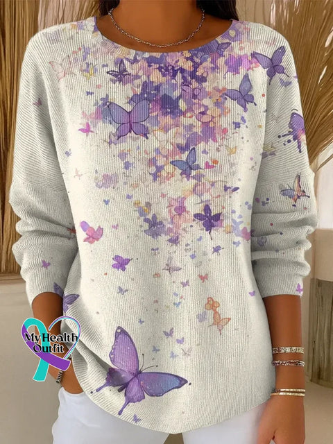 Women’s Alzheimer’s Awareness Floral Butterflies Casual Pullover Sweater Multicolor / S