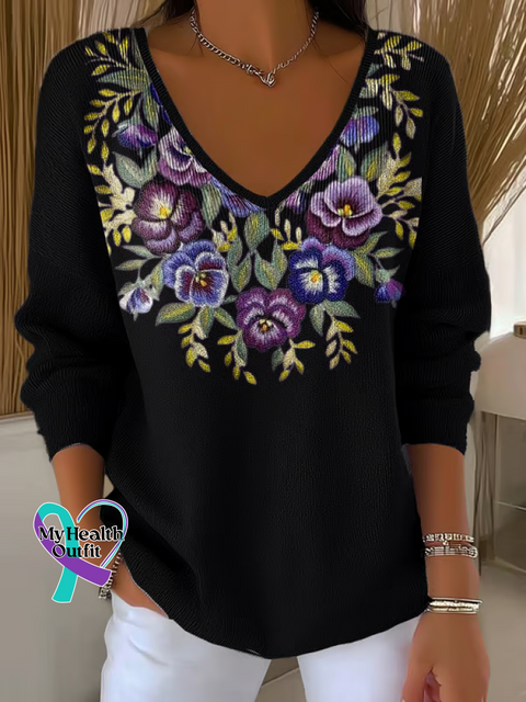 Women’s Alzheimer’s Awareness Floral Casual Pullover Sweater Black / S