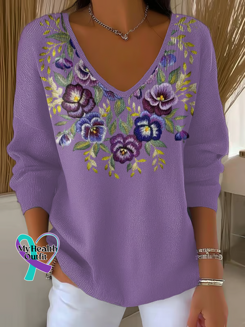 Women’s Alzheimer’s Awareness Floral Casual Pullover Sweater LightPurple / S