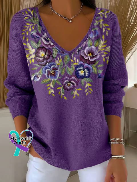 Women’s Alzheimer’s Awareness Floral Casual Pullover Sweater Purple / S