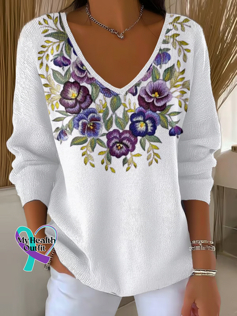 Women’s Alzheimer’s Awareness Floral Casual Pullover Sweater White / S