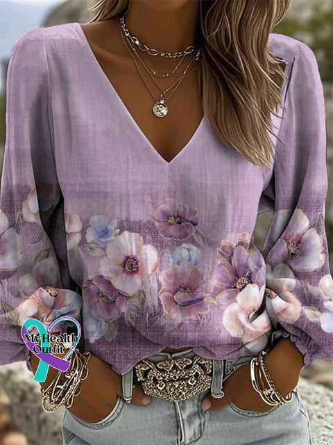 Women’s Alzheimer’s Awareness Floral Print Casual Cotton And Linen Shirt Multicolor / S