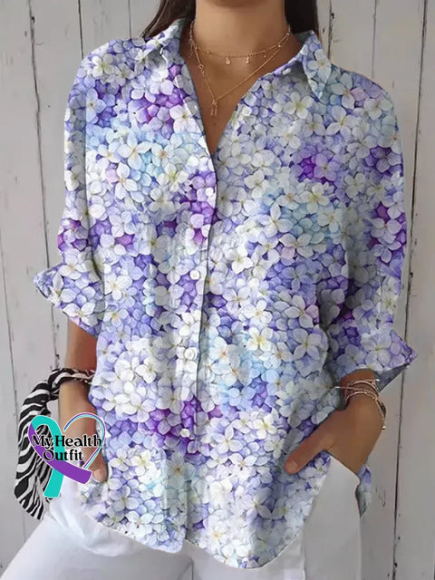Women’s Alzheimer’s Awareness Floral Print Casual Cotton Shirt Multicolor / S