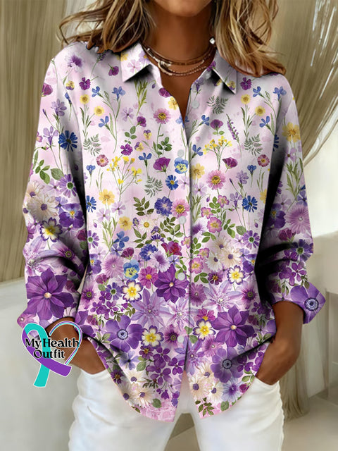 Women’s Alzheimer’s Awareness Floral Print Casual Cotton Shirt Multicolor / S