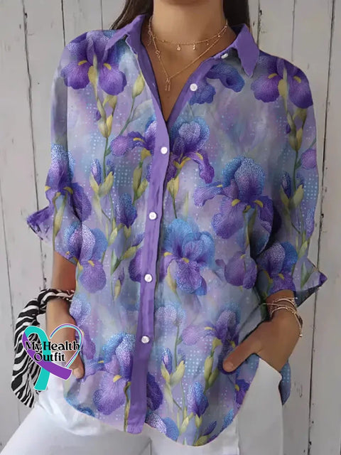 Women’s Alzheimer’s Awareness Floral Print Casual Cotton Shirt Multicolor / S