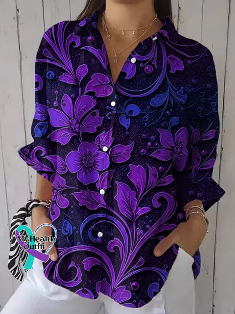 Women’s Alzheimer’s Awareness Floral Print Casual Cotton Shirt Multicolor / S