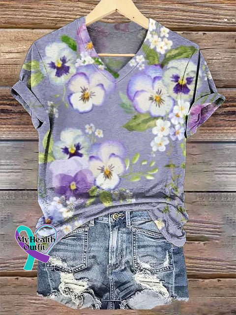 Women’s Alzheimer’s Awareness Floral V-neck Casual T-Shirt Multicolor / S