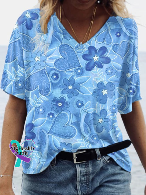 Women’s Alzheimers Awareness Print V-Neck Tee Sky Blue / S