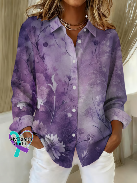 Women’s Alzheimer’s Awareness Purple Floral Print Casual Cotton Shirt Multicolor / S