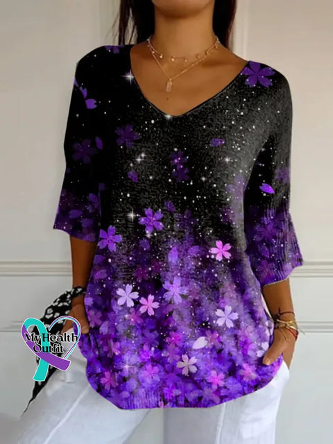 Women’s Alzheimer’s Awareness Purple Floral Print Casual Cotton Short Sleeve V-neck Shirt Multicolor / S