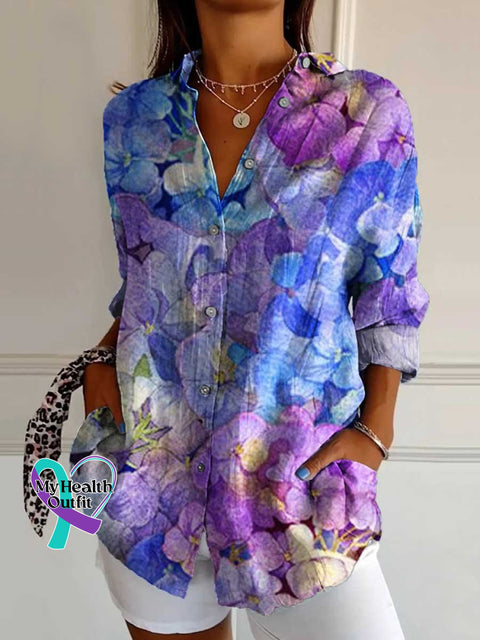 Women’s Alzheimer’s Awareness Purple Flowers Print Casual Cotton Shirt Multicolor / S