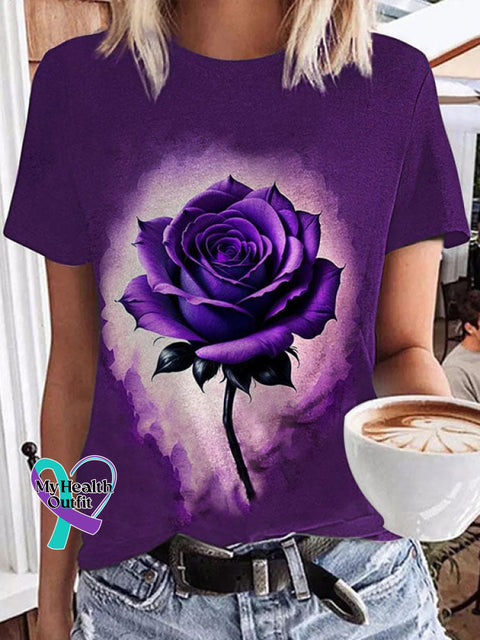 Women’s Alzheimer’s Awareness Purple Rose Print Round Neck Short Sleeve T-Shirt / S