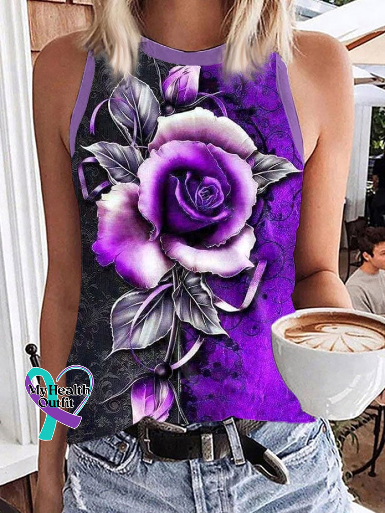 Women’s Alzheimer’s Awareness Purple Rose Print Tank Top As Shown / S